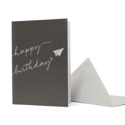 Tarjeta de felicitación avión de papel "Feliz cumpleaños" gris oscuro