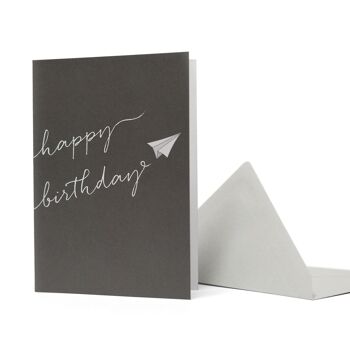 Carte de voeux avion en papier "Happy Birthday" gris foncé 1