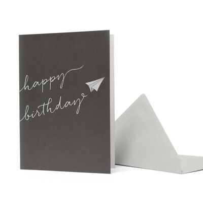 Grußkarte Papierflieger "Happy Birthday" Dunkelgrau