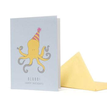 Carte de voeux poulpe "Blubb - Happy Birthday" jaune 1