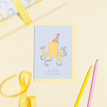 Carte de voeux poulpe "Blubb - Happy Birthday" jaune 2