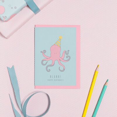 Birthday Card for Kids - Octopus with Party Hat "Blubb - Happy Birthday" in Mint and Pink - Recycled Paper Greeting Card