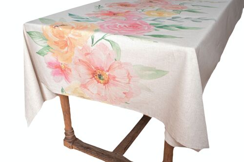 Tablecloth 50% Linen/Cotton, Melange, Pink Flowers