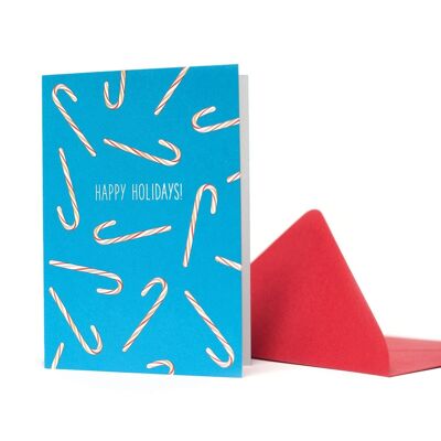 Carte de voeux cannes en bonbon "Happy Holidays" turquoise