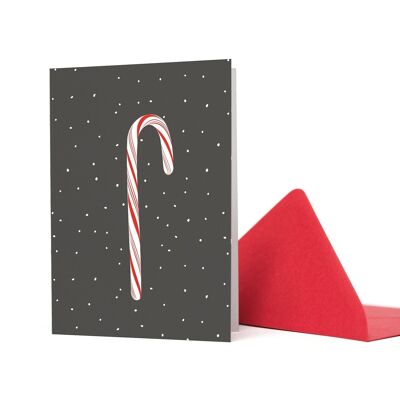 Greeting card candy cane in the snow gray
