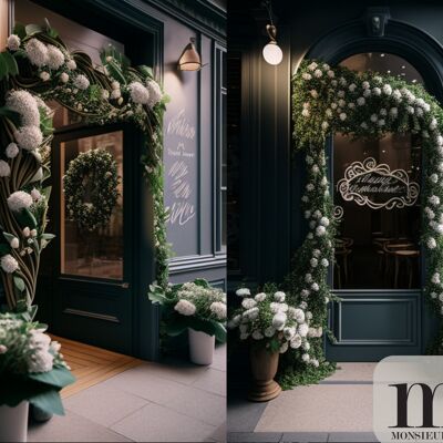 Timeless storefront decoration with silk flowers