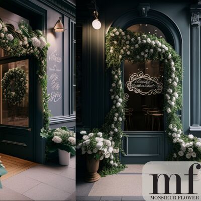Timeless storefront decoration with silk flowers