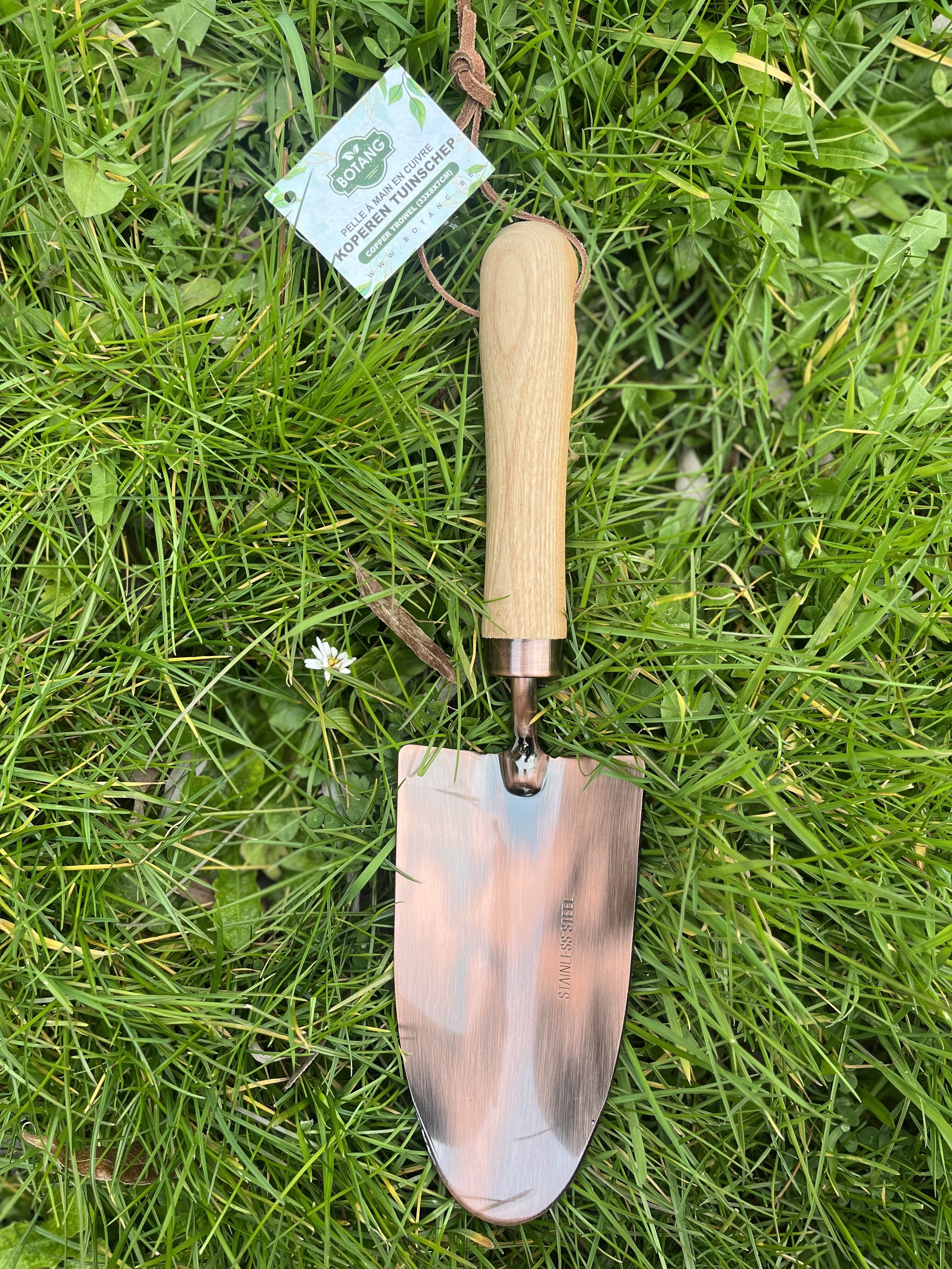 Botang Koperen Tuinschep, Plantschep met Houten Handvat (33 x 8 x 4 cm)