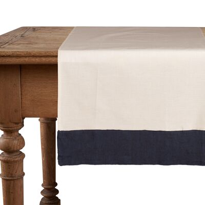 Chemin de table, 50 % lin/coton, naturel avec bords bleu lin