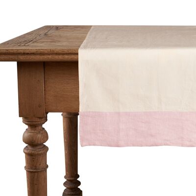 Chemin de table, 50 % lin/coton, naturel avec bords en lin rose