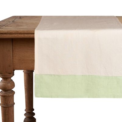 Chemin de table, 50 % lin/coton, naturel avec bords en lin vert clair