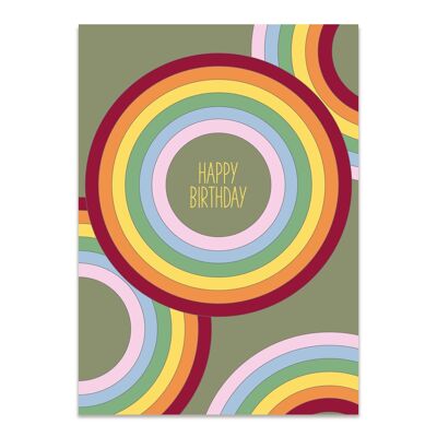 Postal arcoíris "Feliz cumpleaños" verde oliva - cartón reciclado 300g
