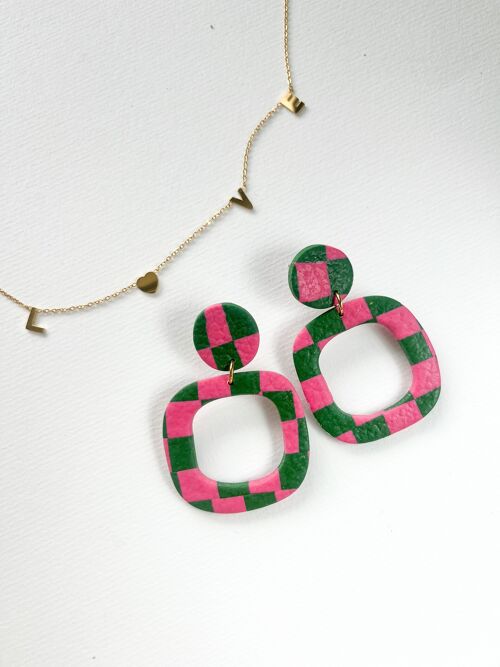 Pink and green checkered earrings