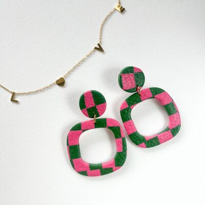 Pink and green checkered earrings