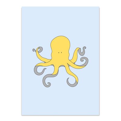 Carte postale jaune poulpe / bleu clair - carton recyclé 300g