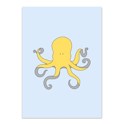 Postal pulpo amarillo / celeste - cartón reciclado 300g