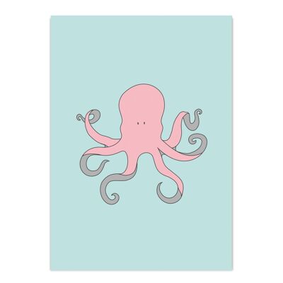 Postcard octopus pink / mint - 300g recycled cardboard