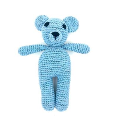 sustainable bear Sam cuddly toy baby blue - organic cotton - crcohet toy - handmade in Nepalduurza