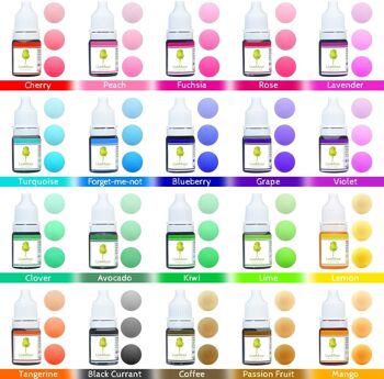 Colorants liquides pour savon - Ensembles de 10 ou 20 - Flacons de 10 ml - Différentes couleurs