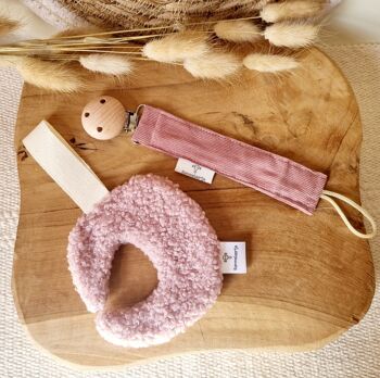 Attache Sucette Doudou Teddy Tissu Lune - Rose Poudré 2