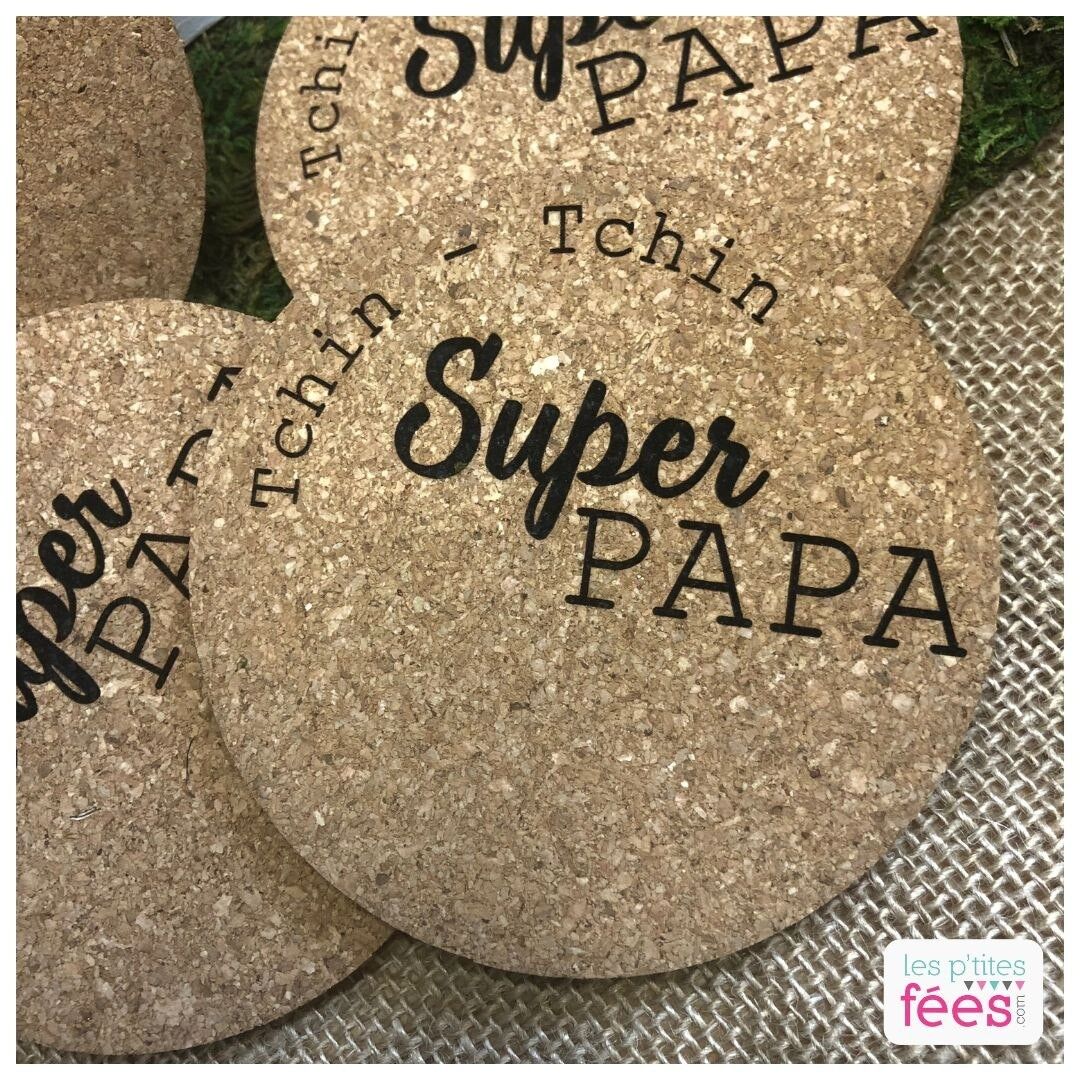 Sottobicchieri in sughero inciso "Tchin-tchin Super Papa" (festa del papà, regali, birra, aperitivo)