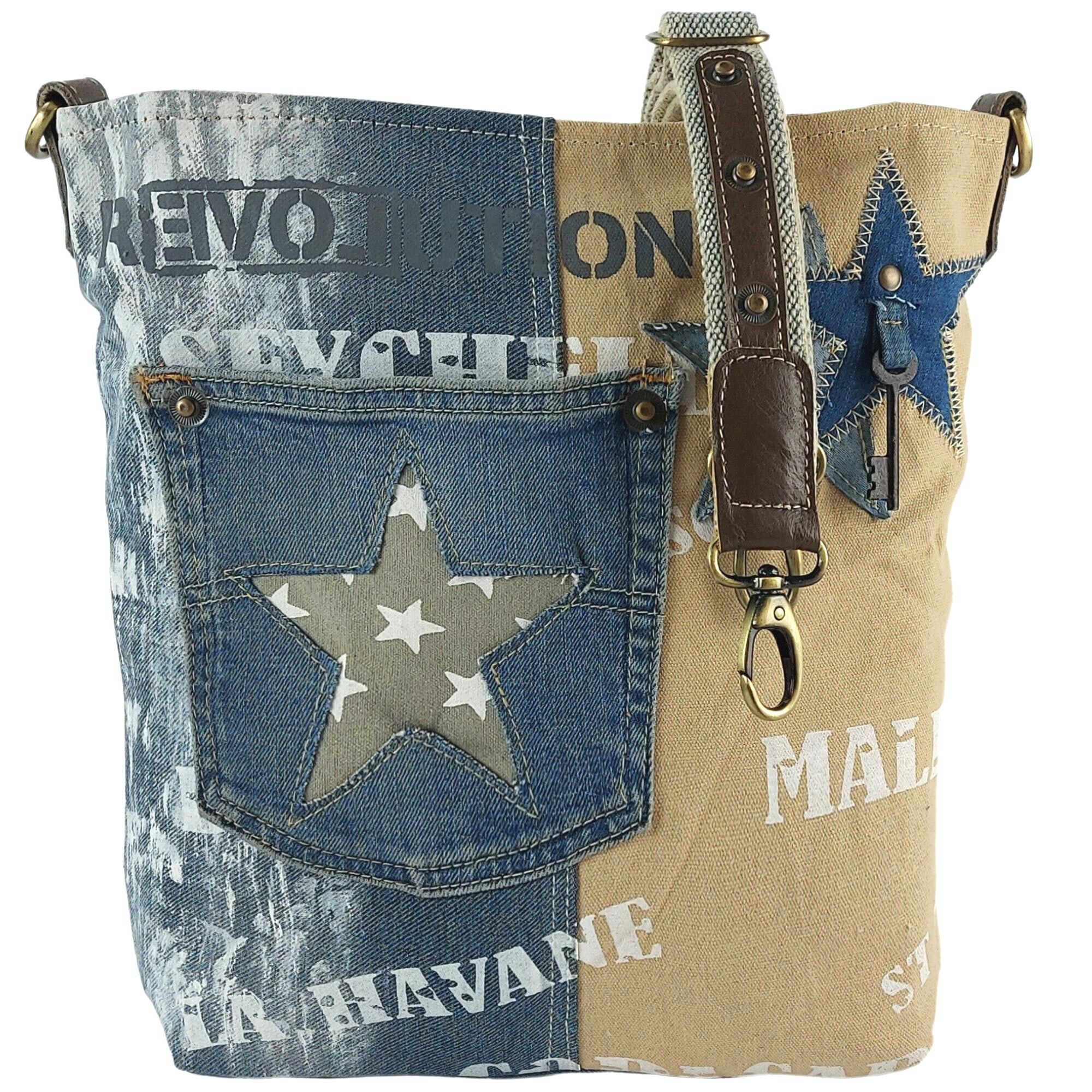 Borsa a tracolla sostenibile da donna Sunsa. Borsa a tracolla realizzata con jeans riciclati e tela (tela). Borsa vintage stile retrò. Borsa a tracolla per donna.