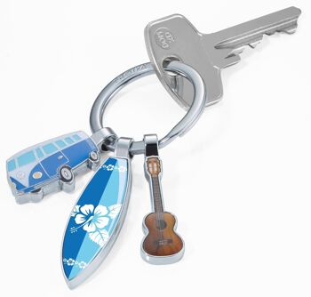 Porte-clés avec 3 pendentifs | Van VW, planche de surf, guitare | SURFMAT T1 2