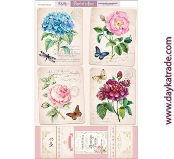 ARR-04 FLEURS ET PAPILLONS EN PAPIER DE RIZ ÉTIQUETTE ROSE