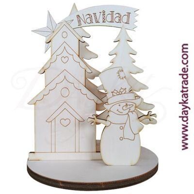 Dayka-399P ENSEMBLE BONHOMME DE NEIGE, MAISON ET SAPINS AVEC BASE RONDE