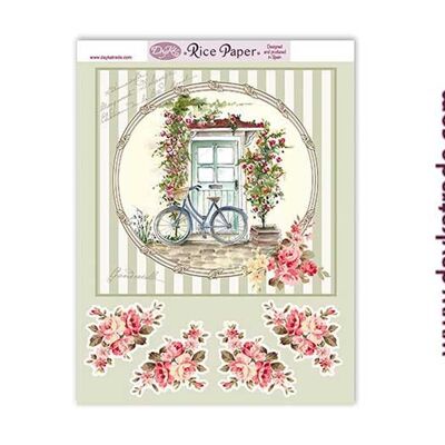 RICE104 REIS PAPIER FAHRRAD UND BLUMEN