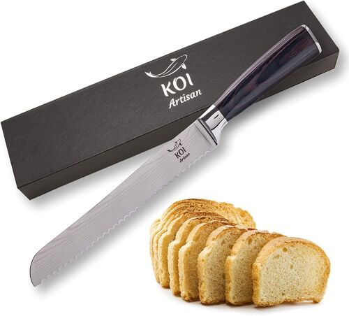 KOI ARTISAN Large Bread Knife - 8 Inch Razor Sharp Edge - High Carbon Stainless Steel Japanese Kinves– Stylish Damascus Knife Pattern - Ergonomically Designed Chef Knifes - Stain & Corrosion Resistant