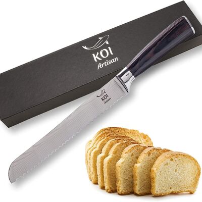 KOI ARTISAN Großes Brotmesser - 8 Zoll rasiermesserscharfe Kante - Japanische Kinves aus Edelstahl mit hohem Kohlenstoffgehalt - Stilvolles Damastmesser-Muster - Ergonomisch gestaltete Kochmesser - Flecken- und korrosionsbeständig