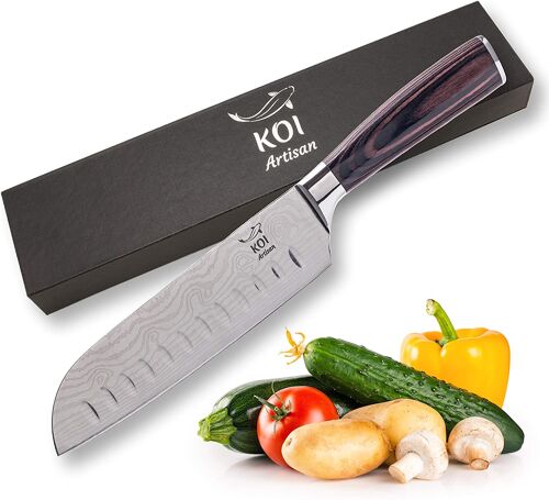 KOI ARTISAN Santoku Chef Knife - 7 Inch Razor Sharp Blade - Japanese High Carbon Stainless Steel - Stylish Damascus Pattern - Ergonomically Designed - Stain & Corrosion Resistant