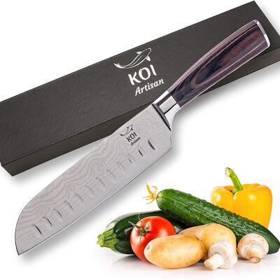 Cuchillo de chef KOI ARTISAN Santoku - Navaja afilada de 7 pulgadas - Acero inoxidable japonés con alto contenido de carbono - Elegante diseño de Damasco - Diseño ergonómico - Resistente a las manchas y la corrosión