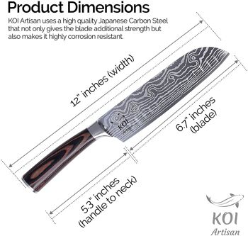 KOI ARTISAN Couteau de chef Santoku - Lame tranchante de rasoir de 7 pouces - Acier inoxydable japonais à haute teneur en carbone - Motif Damas élégant - Conception ergonomique - Résistant aux taches et à la corrosion 3