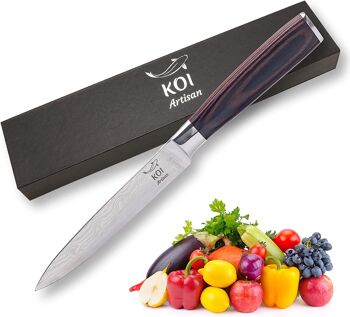 Couteau utilitaire de cuisine KOI ARTISAN - Lame tranchante comme un rasoir de 5 pouces - Couteaux de chef professionnels - Couteaux japonais en acier inoxydable à haute teneur en carbone - Motif Damas gravé au laser - Résistant aux taches et à la corrosion 1