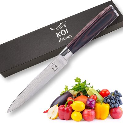 KOI ARTISAN Küchenmesser - 5 Zoll rasiermesserscharfe Klinge - Professionelle Kochmesser - Japanische Messer aus Edelstahl mit hohem Kohlenstoffgehalt - Damastmuster lasergeätzt - flecken- und korrosionsbeständig