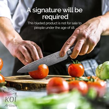Couteau utilitaire de cuisine KOI ARTISAN - Lame tranchante comme un rasoir de 5 pouces - Couteaux de chef professionnels - Couteaux japonais en acier inoxydable à haute teneur en carbone - Motif Damas gravé au laser - Résistant aux taches et à la corrosion 7