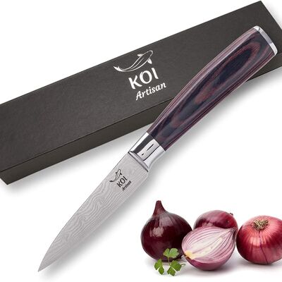 KOI ARTISAN Gemüsemesser im Damaskus-Stil - 3,5 Zoll rasiermesserscharfe Kante - Kochmesser Edelstahl mit hohem Kohlenstoffgehalt - Feuchtigkeitsbeständiger Pakkaholzgriff Küchenmesser