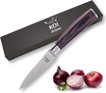 Couteau d'office style damas KOI ARTISAN - Rasoir de 3,5 pouces à bord tranchant - Couteau de chef en acier inoxydable à haute teneur en carbone - Couteaux de cuisine à manche en bois Pakka résistant à l'humidité 1