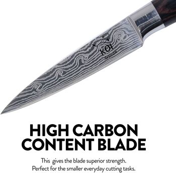 Couteau d'office style damas KOI ARTISAN - Rasoir de 3,5 pouces à bord tranchant - Couteau de chef en acier inoxydable à haute teneur en carbone - Couteaux de cuisine à manche en bois Pakka résistant à l'humidité 3