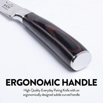 Couteau d'office style damas KOI ARTISAN - Rasoir de 3,5 pouces à bord tranchant - Couteau de chef en acier inoxydable à haute teneur en carbone - Couteaux de cuisine à manche en bois Pakka résistant à l'humidité 4