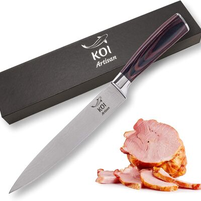 KOI ARTISAN Professional Carving Knife - 7.7 Inch Razor Sharp Blade - High Carbon Stainless Steel Japanese Carving Knives -Stylish Damascus Chef Knife Pattern Laser Etched- Perfect for Meat Cutting