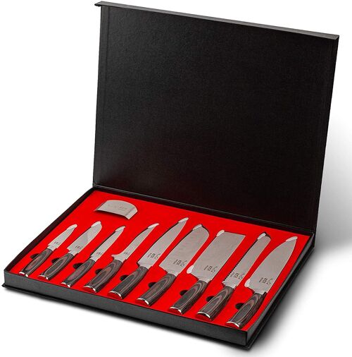 Koi Artisan Professional Knife Set - Laser Etched Box of Kitchen Knife Set with Finger Guard - Includes Chef, Santoku 5&7 Inches, Nakiri, Bread, Carving & Boning, Utility and Paring Knives (9 Pcs set)