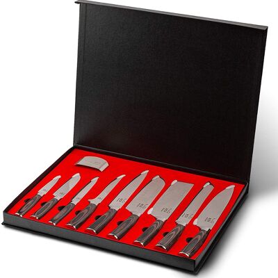 Ensemble de couteaux professionnels Koi Artisan - Coffret de couteaux de cuisine gravés au laser avec protège-doigts - Comprend des couteaux de chef, Santoku 5 et 7 pouces, Nakiri, pain, découpe et désossage, utilitaires et couteaux d'office (ensemble de 9 pièces)