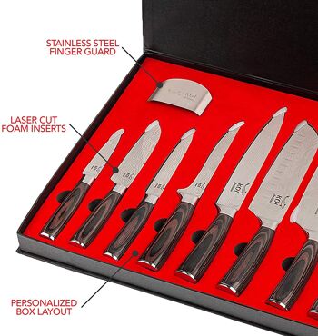 Ensemble de couteaux professionnels Koi Artisan - Coffret de couteaux de cuisine gravés au laser avec protège-doigts - Comprend des couteaux de chef, Santoku 5 et 7 pouces, Nakiri, pain, découpe et désossage, utilitaires et couteaux d'office (ensemble de 9 pièces) 4