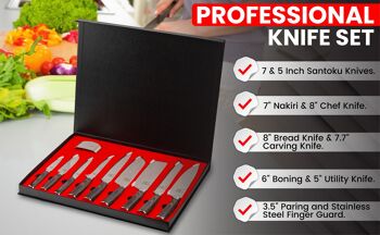 Ensemble de couteaux professionnels Koi Artisan - Coffret de couteaux de cuisine gravés au laser avec protège-doigts - Comprend des couteaux de chef, Santoku 5 et 7 pouces, Nakiri, pain, découpe et désossage, utilitaires et couteaux d'office (ensemble de 9 pièces) 7