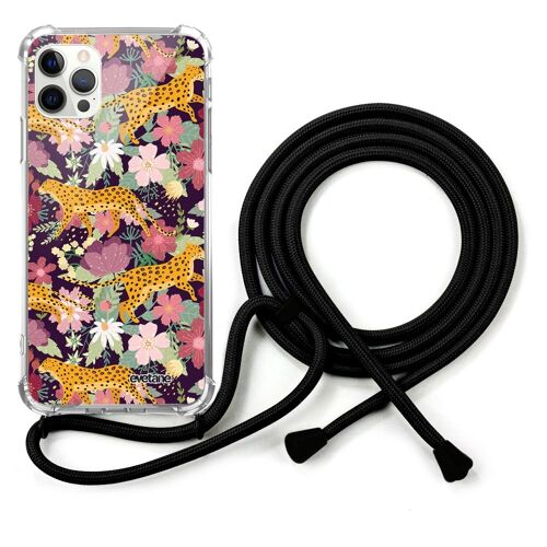 Coque cordon iPhone 12/12 Pro avec cordon noir - Léopard et Fleurs