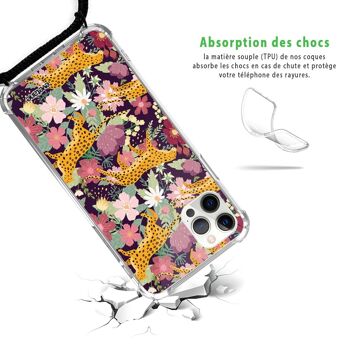 Coque cordon iPhone 12/12 Pro avec cordon noir - Léopard et Fleurs 3
