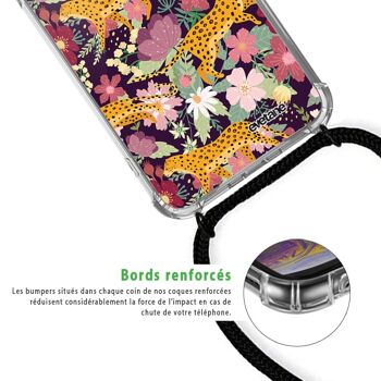 Coque cordon iPhone 12/12 Pro avec cordon noir - Léopard et Fleurs 4